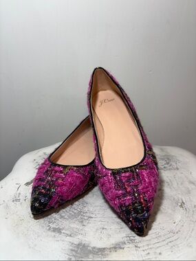 J.Crew Pointed-Toe Ballet Flats Fresh Berry Pink Black Tweed Sequin Textured, 8